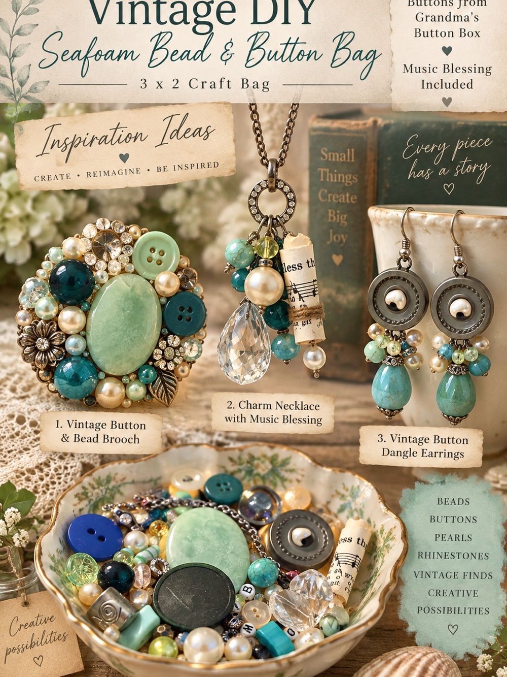Vintage DIY Seafoam Bead & Button 3” x 2” Craft Bag